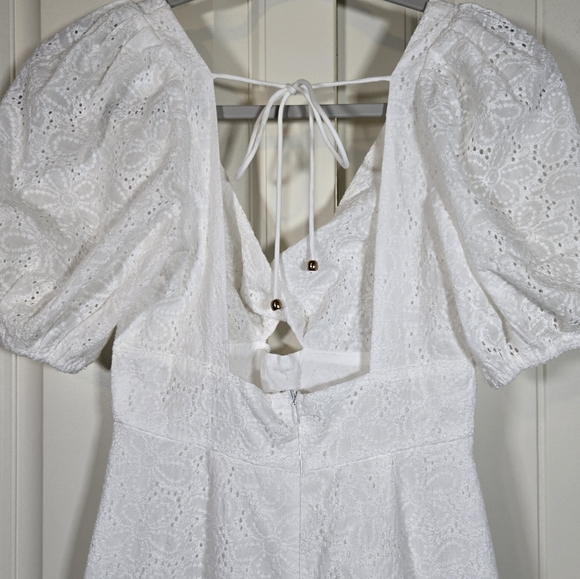 Saints & Secrets Santa Cruz Sun Eyelet White Asymmetrical Puff Sleeve Mini Dress - Picture 8 of 10
